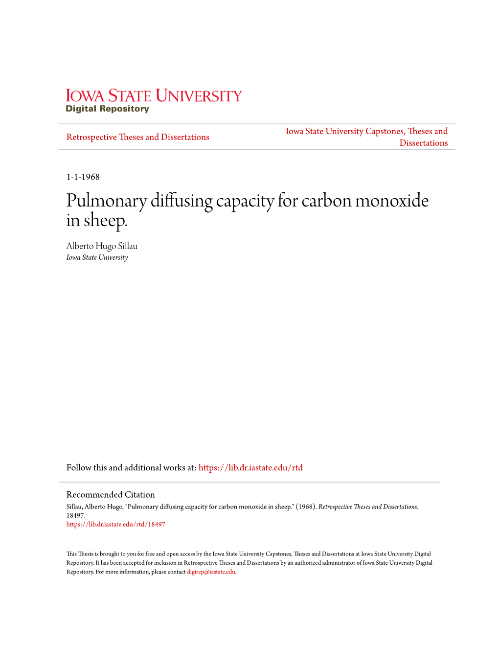 Pulmonary Diffusing Capacity for Carbon Monoxide in Sheep. Alberto Hugo Sillau Iowa State University