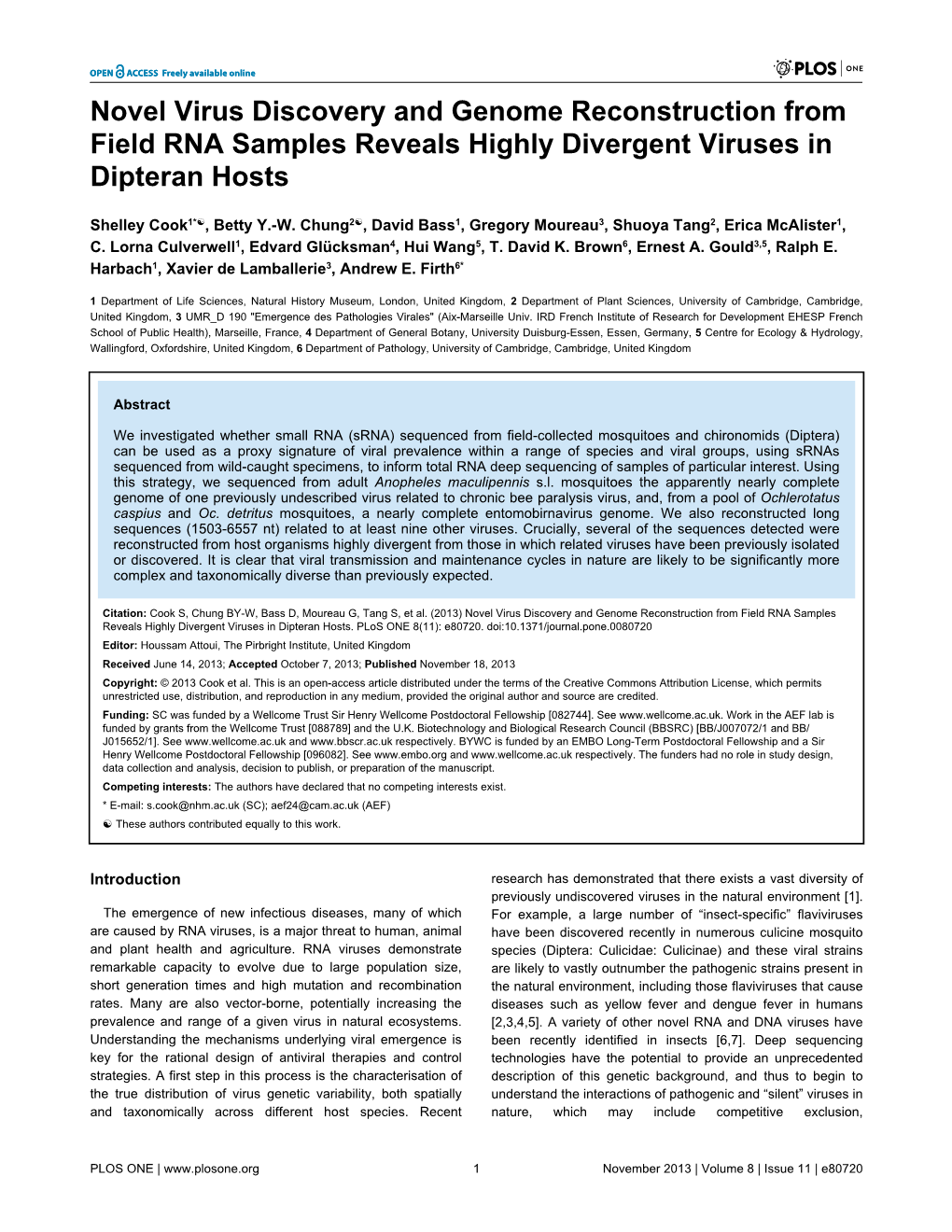 Novel Virus Discovery and Genome Reconstruction from Field RNA Samples Reveals Highly Divergent Viruses in Dipteran Hosts