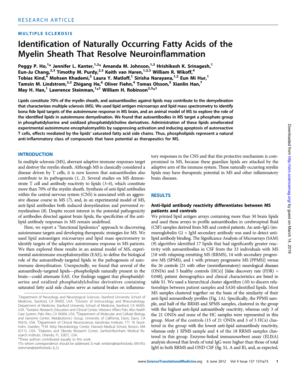 Identification of Naturally Occurring Fatty Acids of the Myelin Sheath That Resolve Neuroinflammation