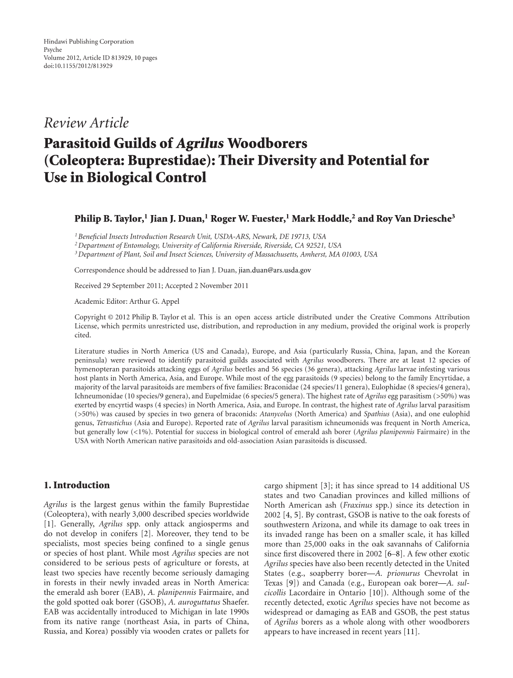 Parasitoid Guilds of Agrilus Woodborers (Coleoptera: Buprestidae): Their Diversity and Potential for Use in Biological Control