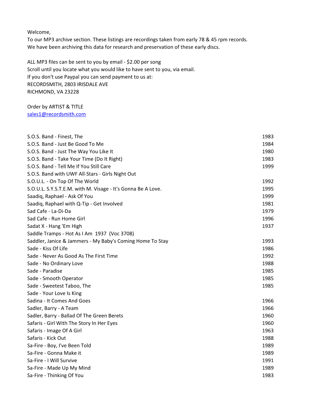 Welcome, We Have Been Archiving This Data for Research and Preservation of These Early Discs. ALL MP3 Files Can Be Sent to You B