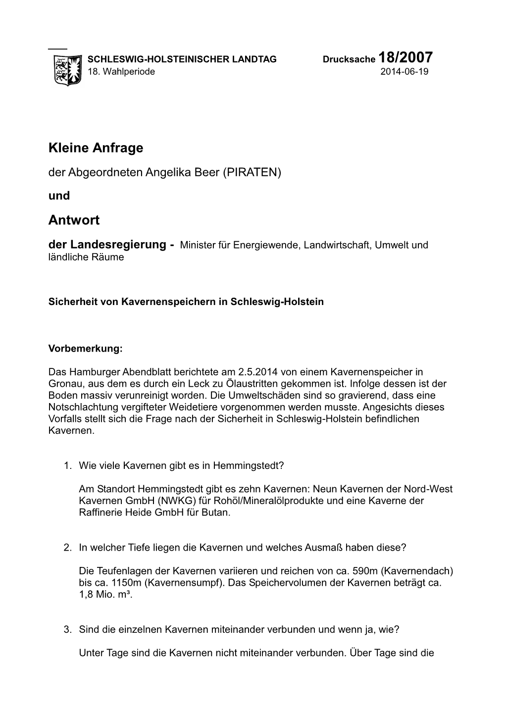 Kleine Anfrage Der Abgeordneten Angelika Beer (PIRATEN) Und