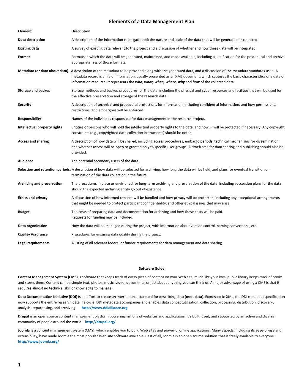 1 Elements of a Data Management Plan