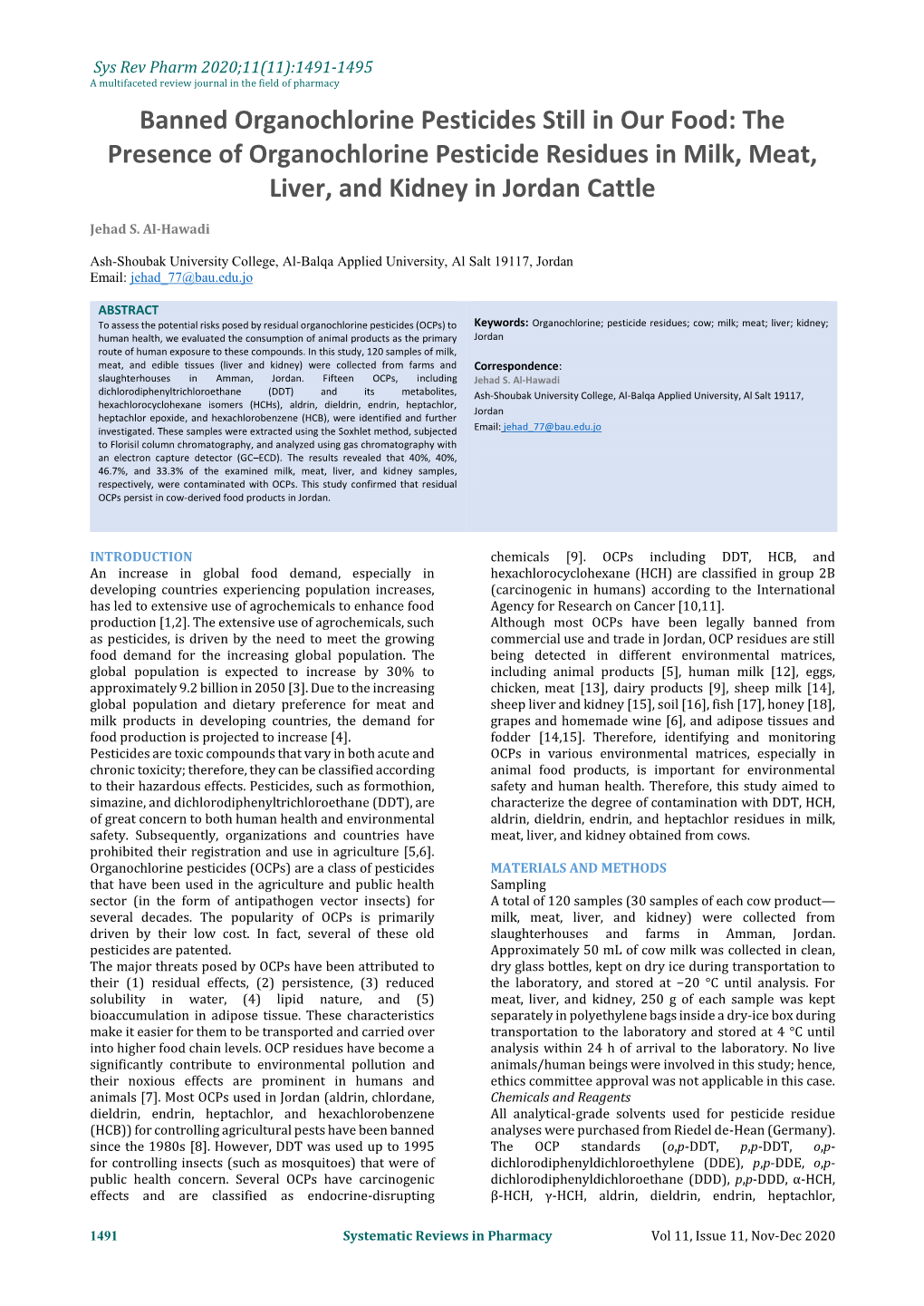 The Presence of Organochlorine Pesticide Residues in Milk, Meat, Liver, and Kidney in Jordan Cattle