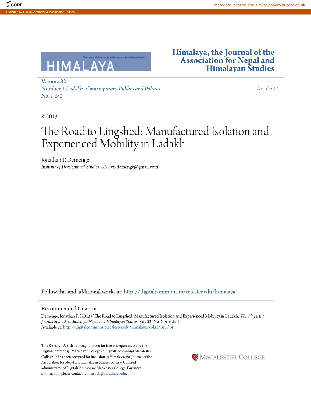 The Road to Lingshed: Manufactured Isolation and Experienced Mobility in Ladakh Jonathan P