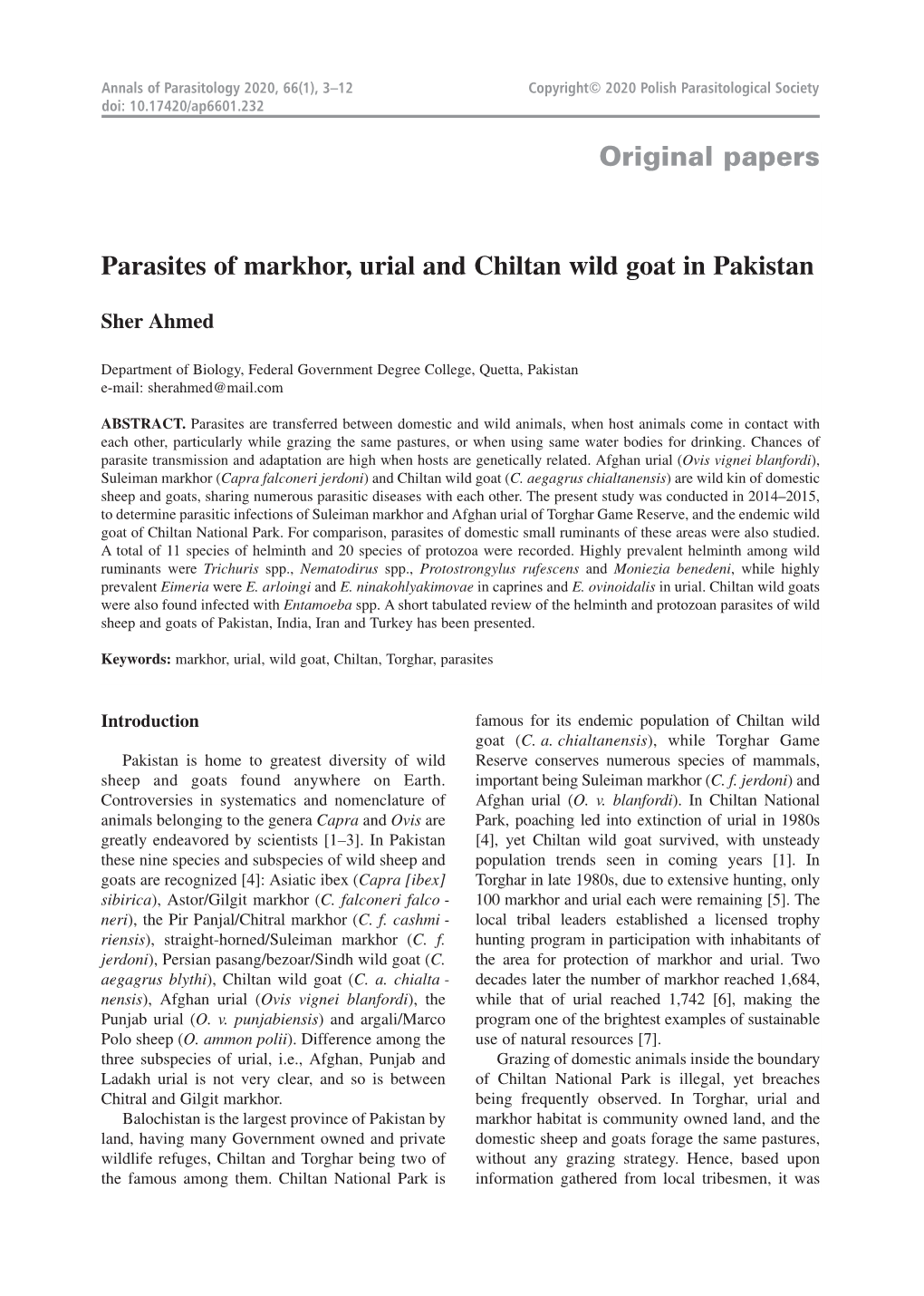 Original Papers Parasites of Markhor, Urial and Chiltan Wild Goat in Pakistan