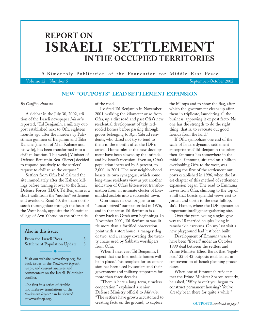 Report on Israeli Settlement in the Occupied Territories, September