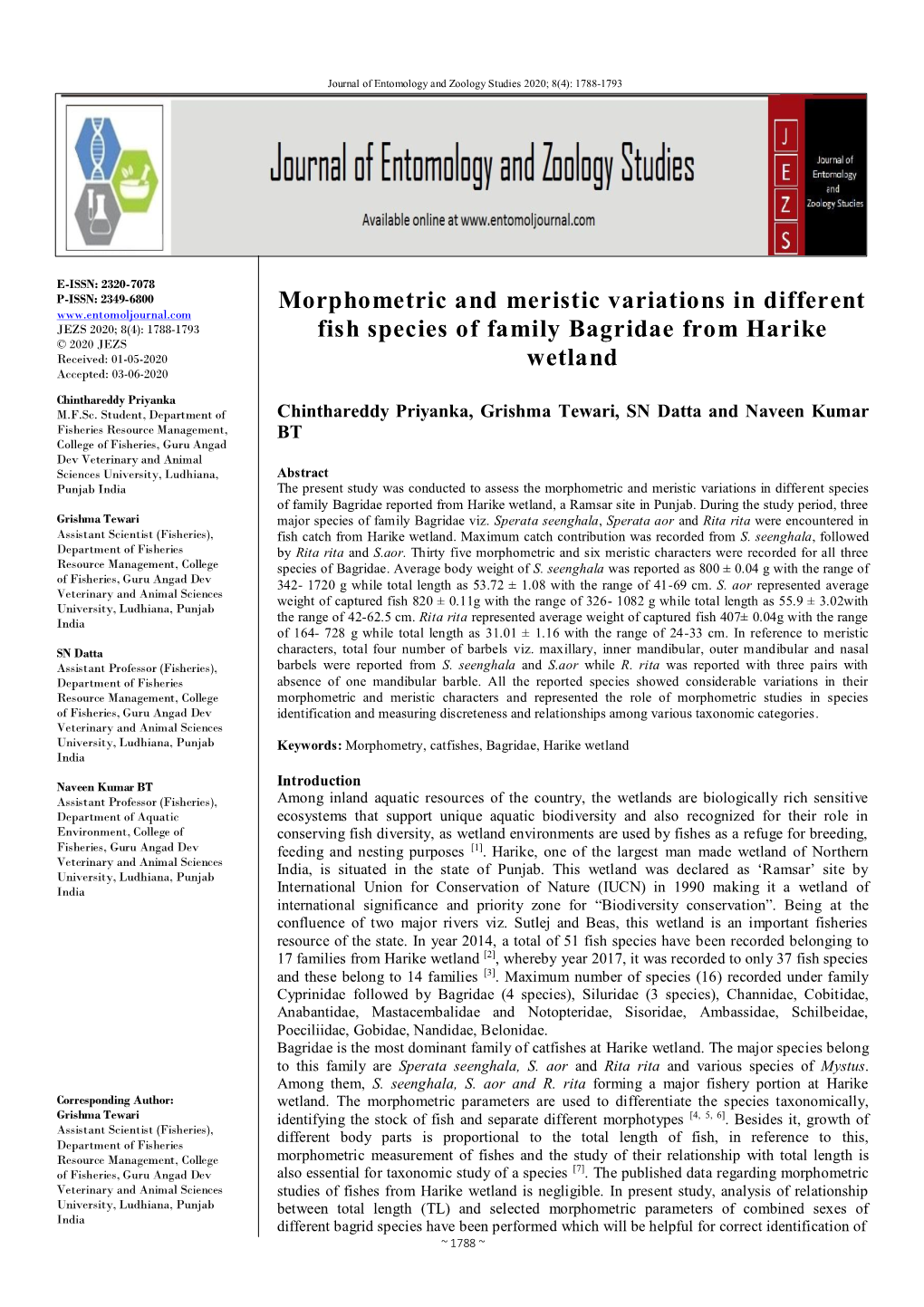 Morphometric and Meristic Variations in Different Fish Species of Family