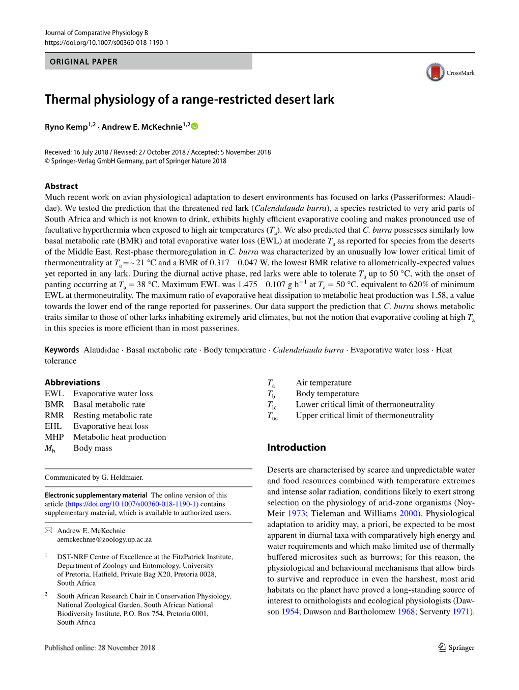 Thermal Physiology of a Range-Restricted Desert Lark