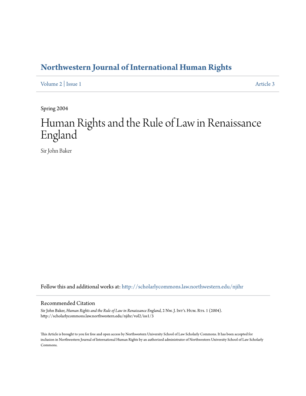 Human Rights and the Rule of Law in Renaissance England Sir John Baker