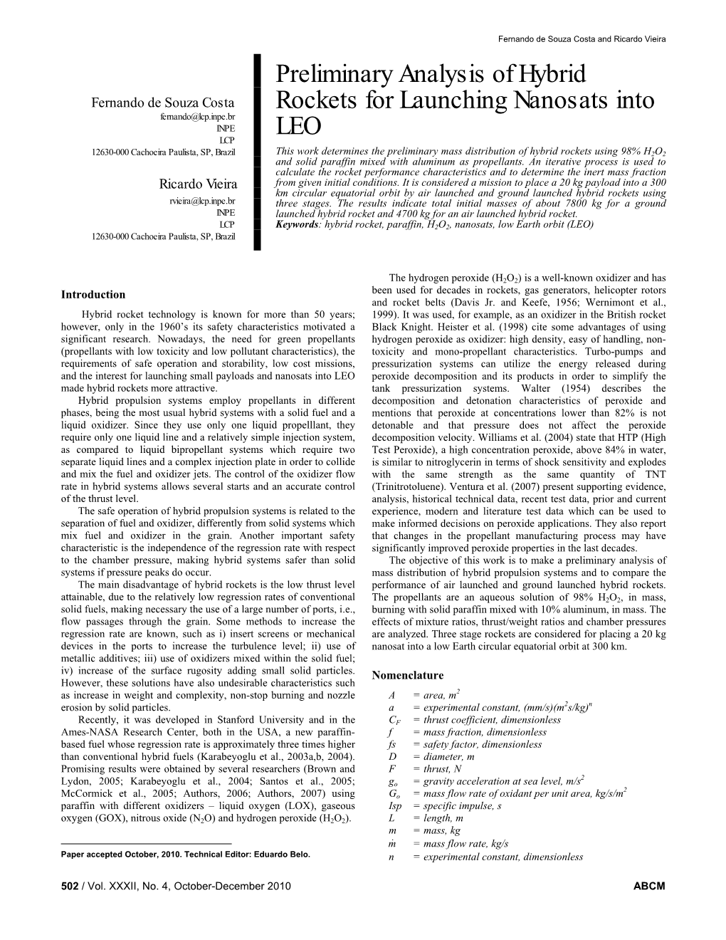 Preliminary Analysis of Hybrid Rockets for Launching Nanosats Into LEO