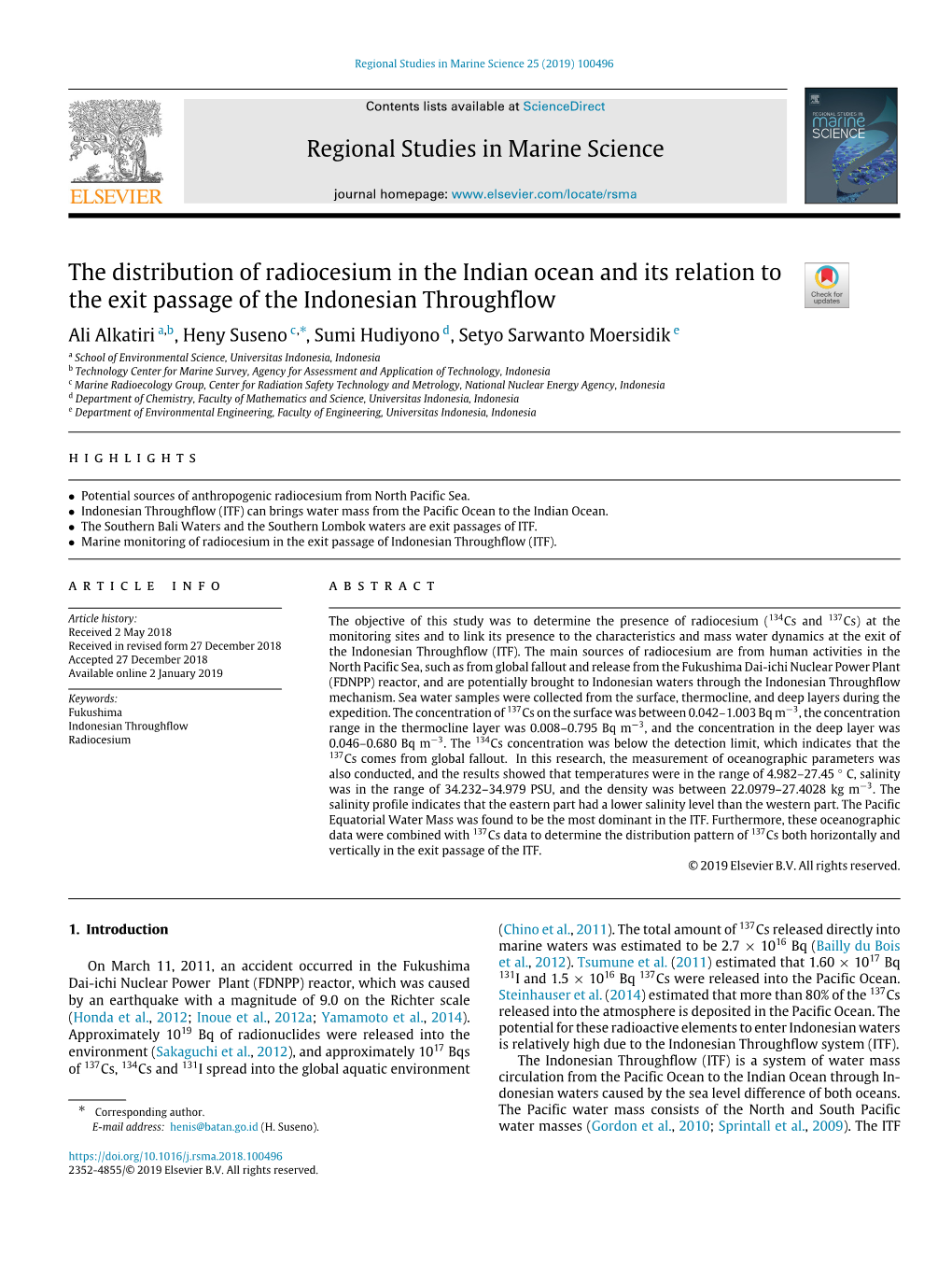 Regional Studies in Marine Science the Distribution of Radiocesium In