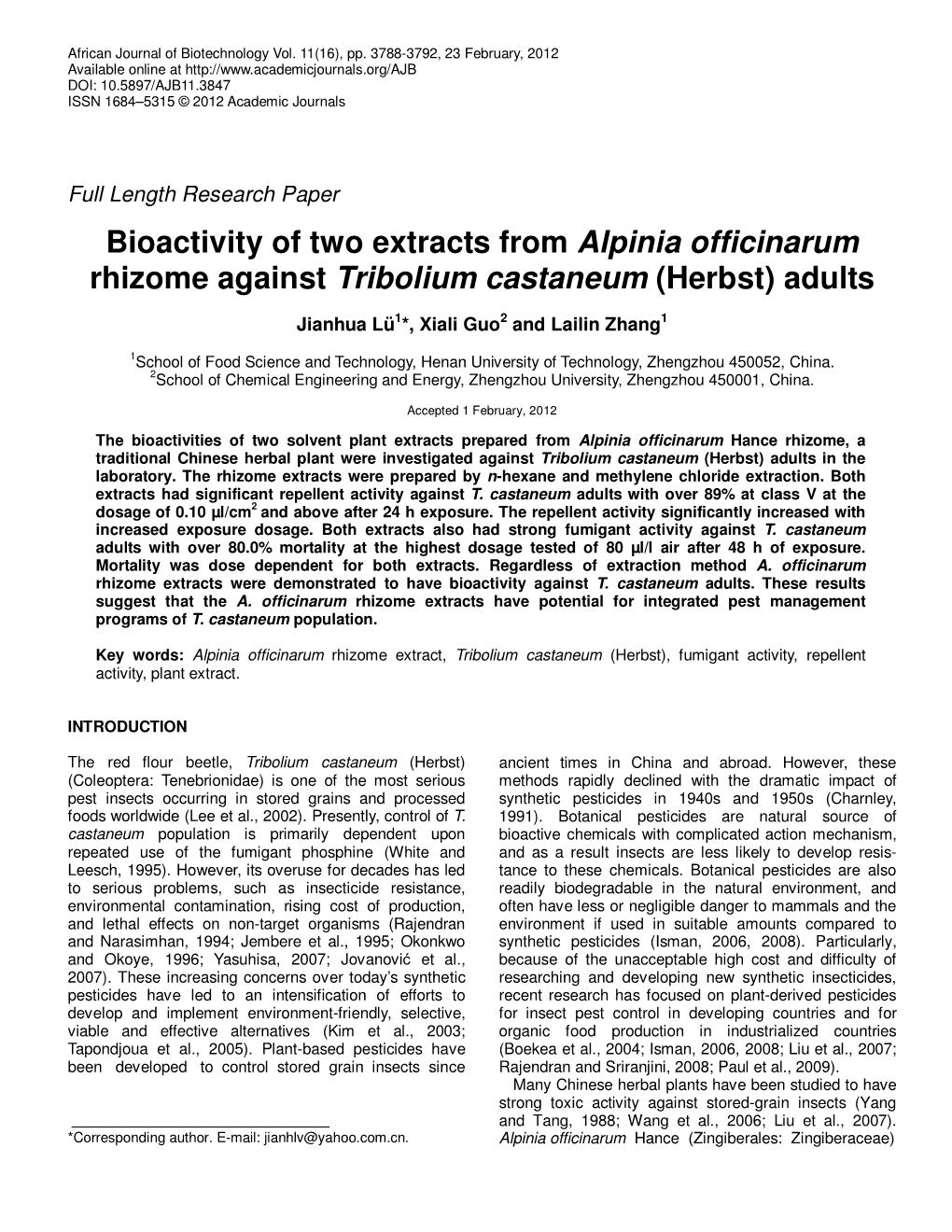 Bioactivity of Two Extracts from Alpinia Officinarum Rhizome Against Tribolium Castaneum (Herbst) Adults