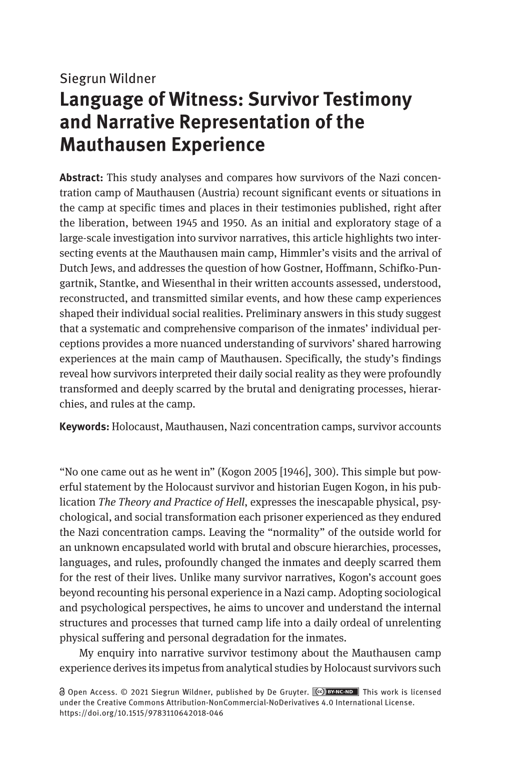 Survivor Testimony and Narrative Representation of the Mauthausen Experience