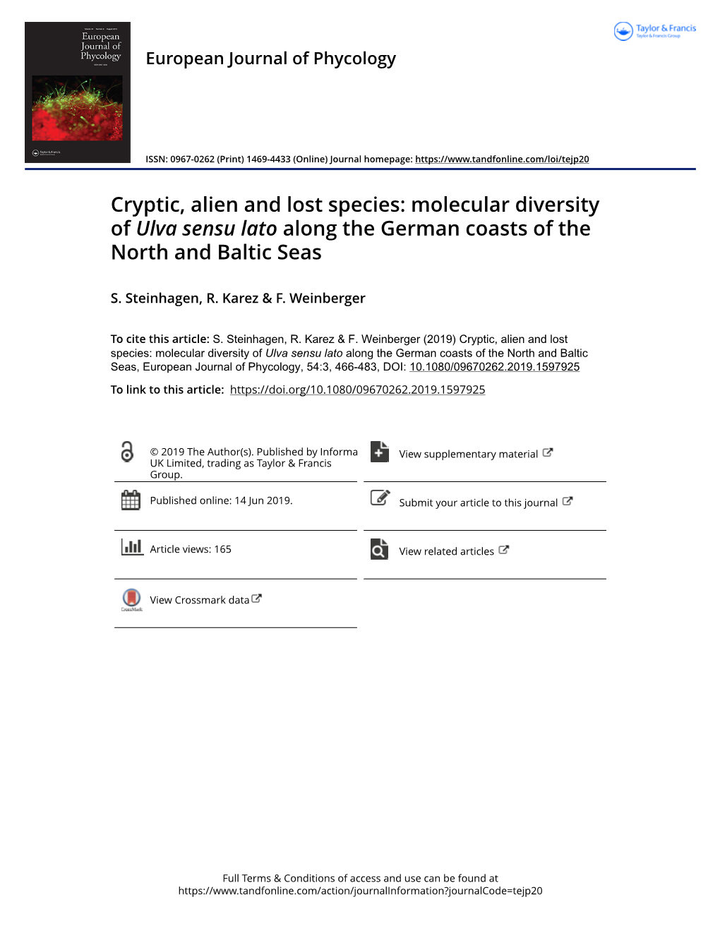 Cryptic, Alien and Lost Species: Molecular Diversity of Ulva Sensu Lato Along the German Coasts of the North and Baltic Seas
