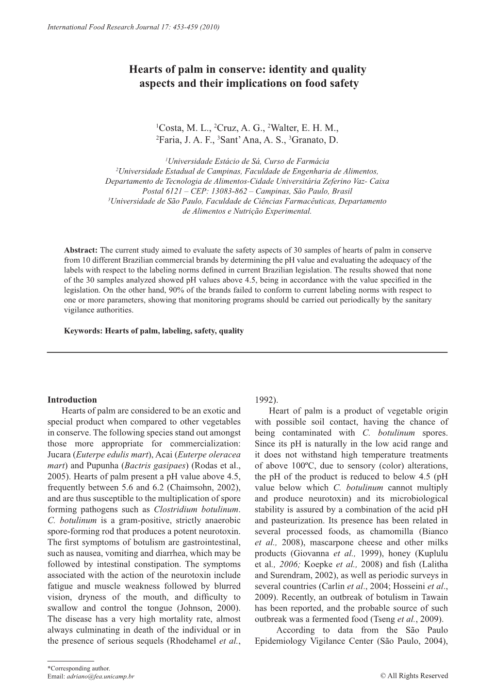 Hearts of Palm in Conserve: Identity and Quality Aspects and Their Implications on Food Safety