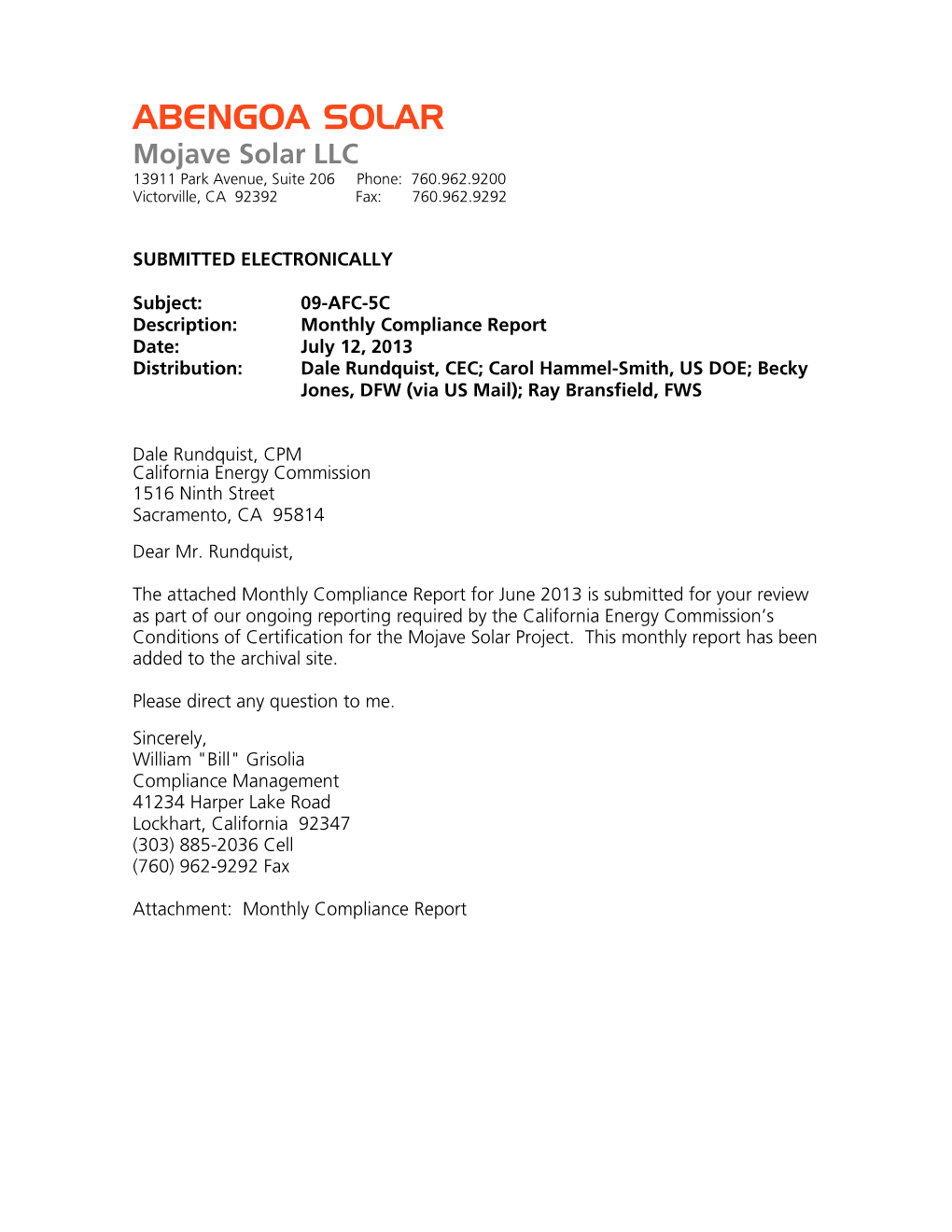 ABENGOA SOLAR Mojave Solar LLC 13911 Park Avenue, Suite 206 Phone: 760.962.9200 Victorville, CA 92392 Fax: 760.962.9292