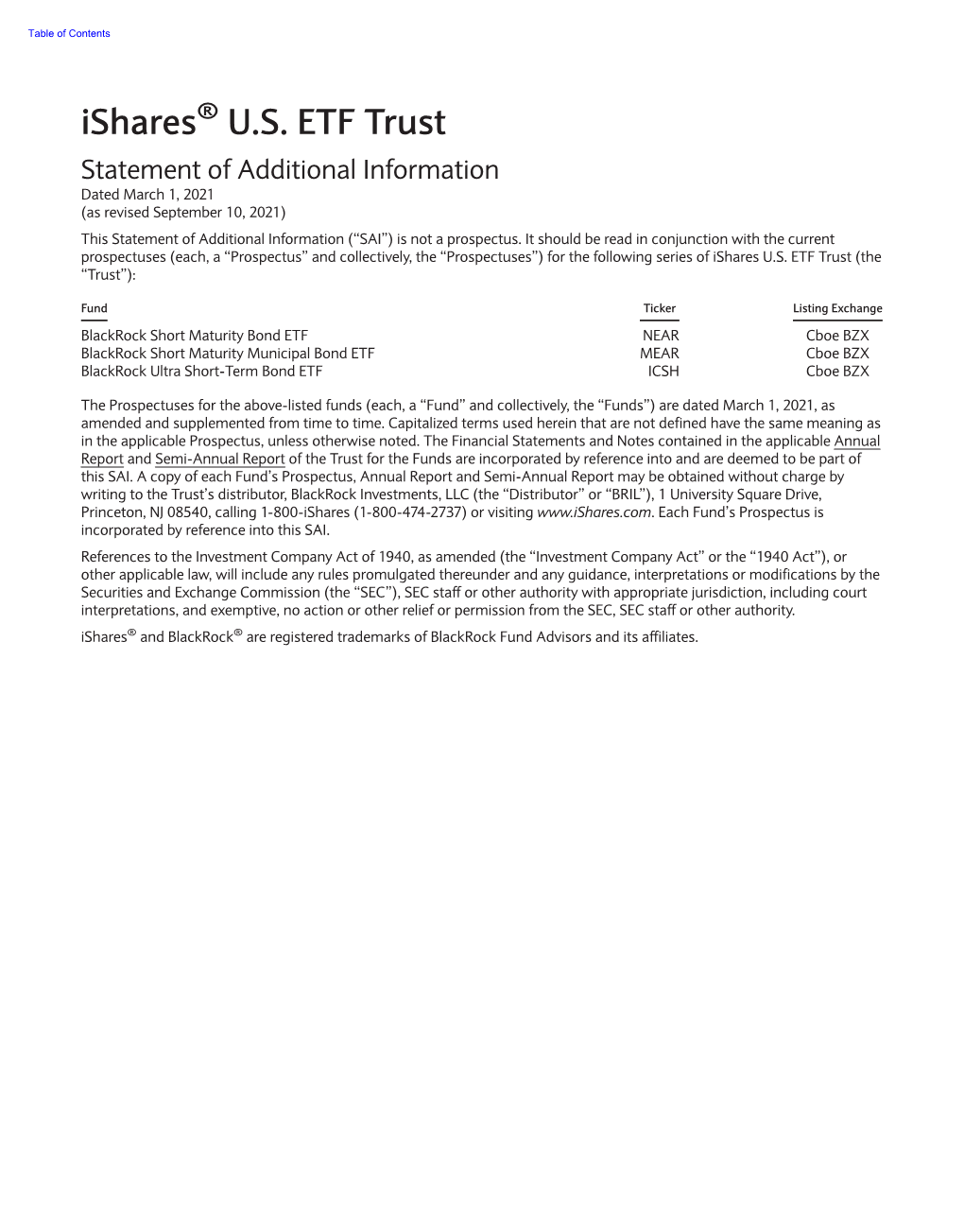 Ishares U.S. ETF Trust (The “Trust”)