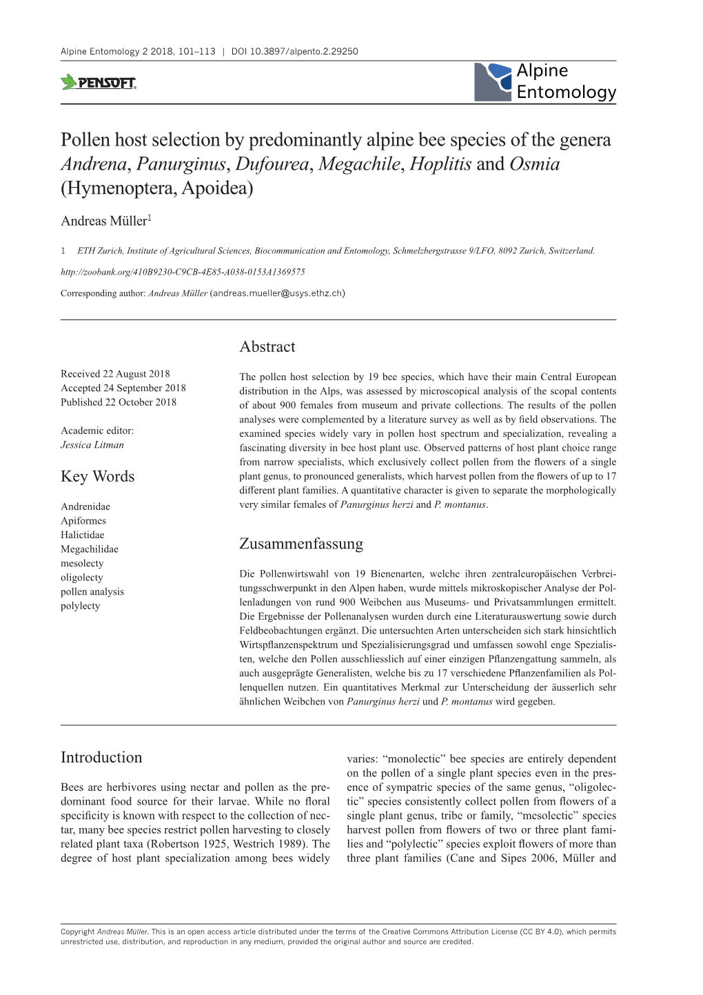 ﻿﻿Pollen Host Selection by Predominantly Alpine Bee Species of the Genera Andrena, Panurginus, Dufourea, Megachile, Hoplitis