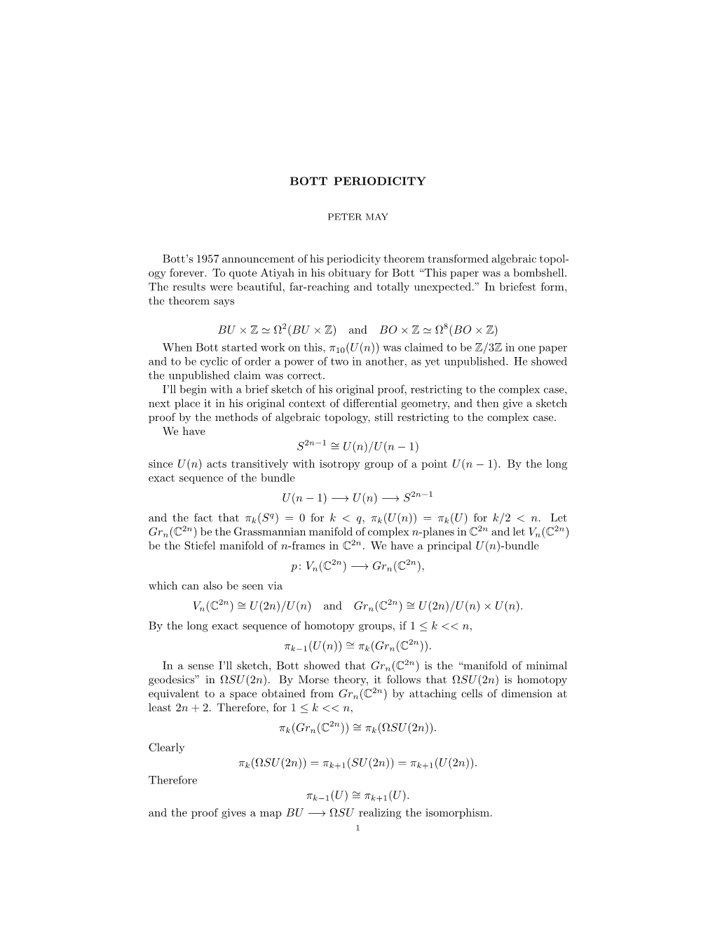 BOTT PERIODICITY Bott's 1957 Announcement of His Periodicity