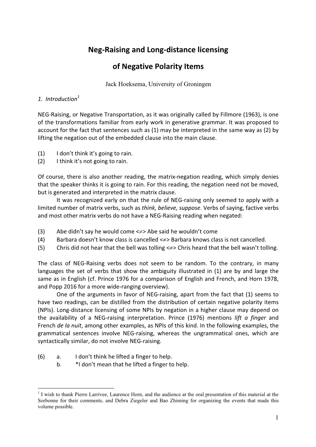 Neg-Raising and Long-Distance Licensing of Negative Polarity Items