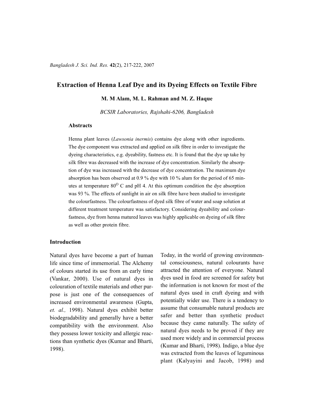 Extraction of Henna Leaf Dye and Its Dyeing Effects on Textile Fibre