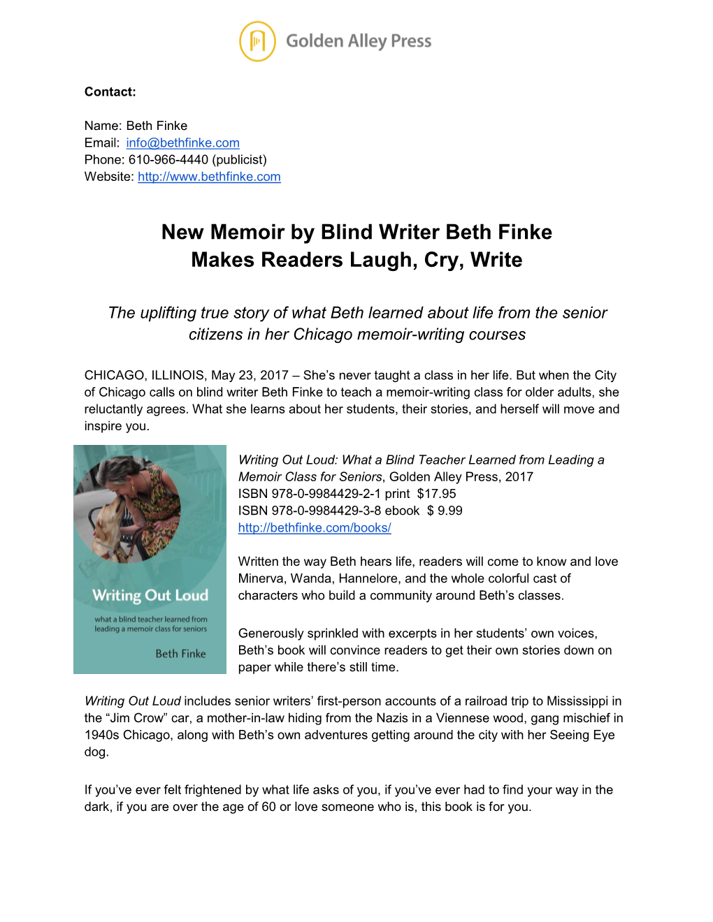New Memoir by Blind Writer Beth Finke Makes Readers Laugh, Cry, Write