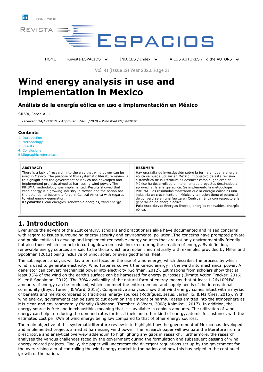 Wind Energy Analysis in Use and Implementation in Mexico