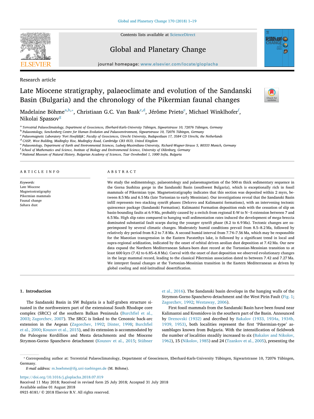 Bulgaria) and the Chronology of the Pikermian Faunal Changes T ⁎ Madelaine Böhmea,B, , Christiaan G.C