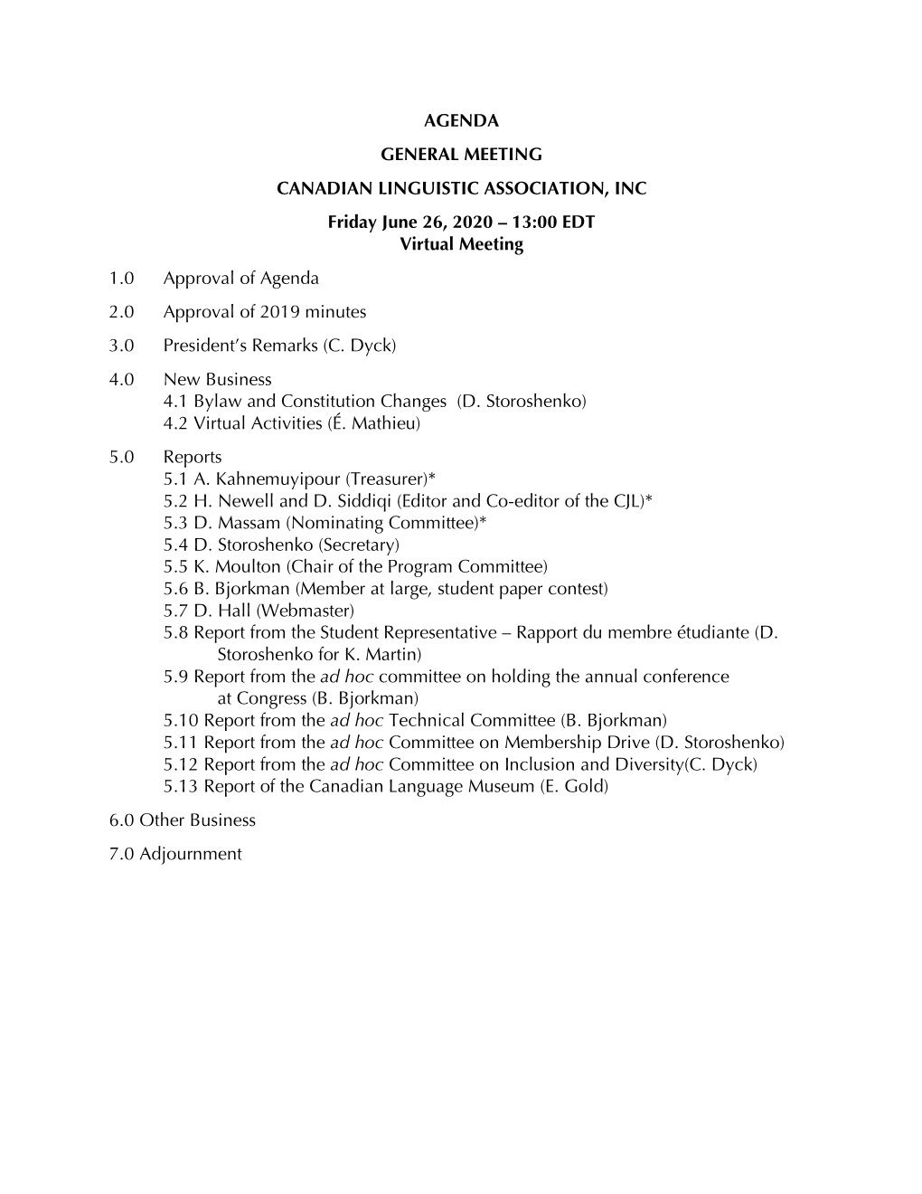 Agenda General Meeting Canadian Linguistic