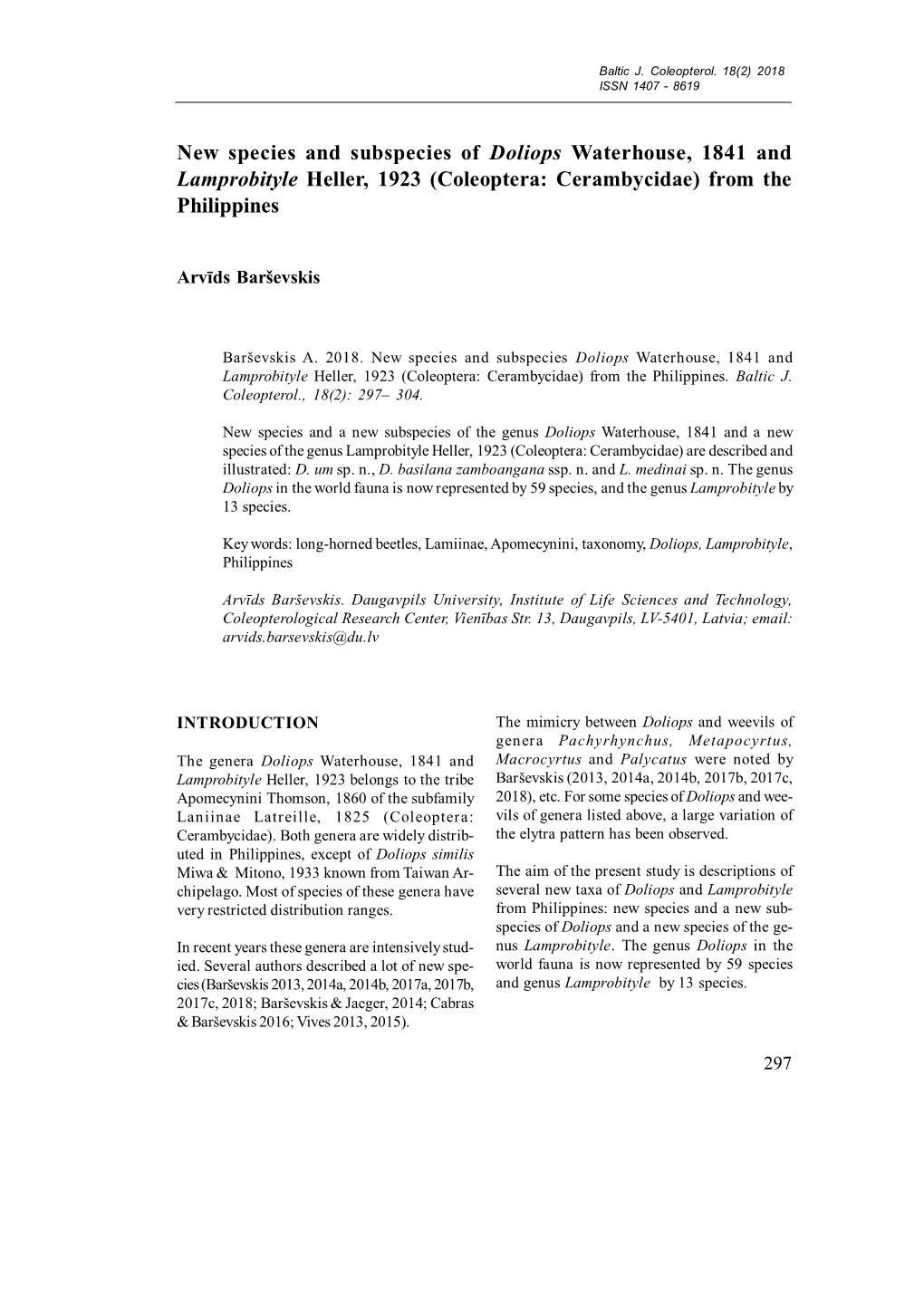 New Species and Subspecies of Doliops Waterhouse, 1841 and Lamprobityle Heller, 1923 (Coleoptera: Cerambycidae) from the Philippines