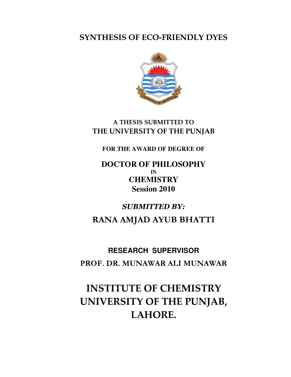 Institute of Chemistry University of the Punjab, Lahore