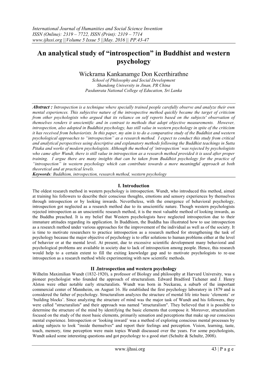 An Analytical Study of “Introspection” in Buddhist and Western Psychology