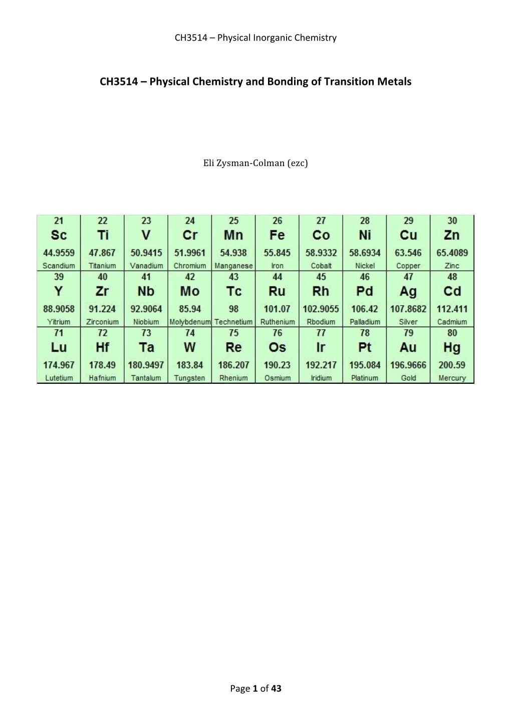 CH3514 – Physical Inorganic Chemistry Page 1 of 43