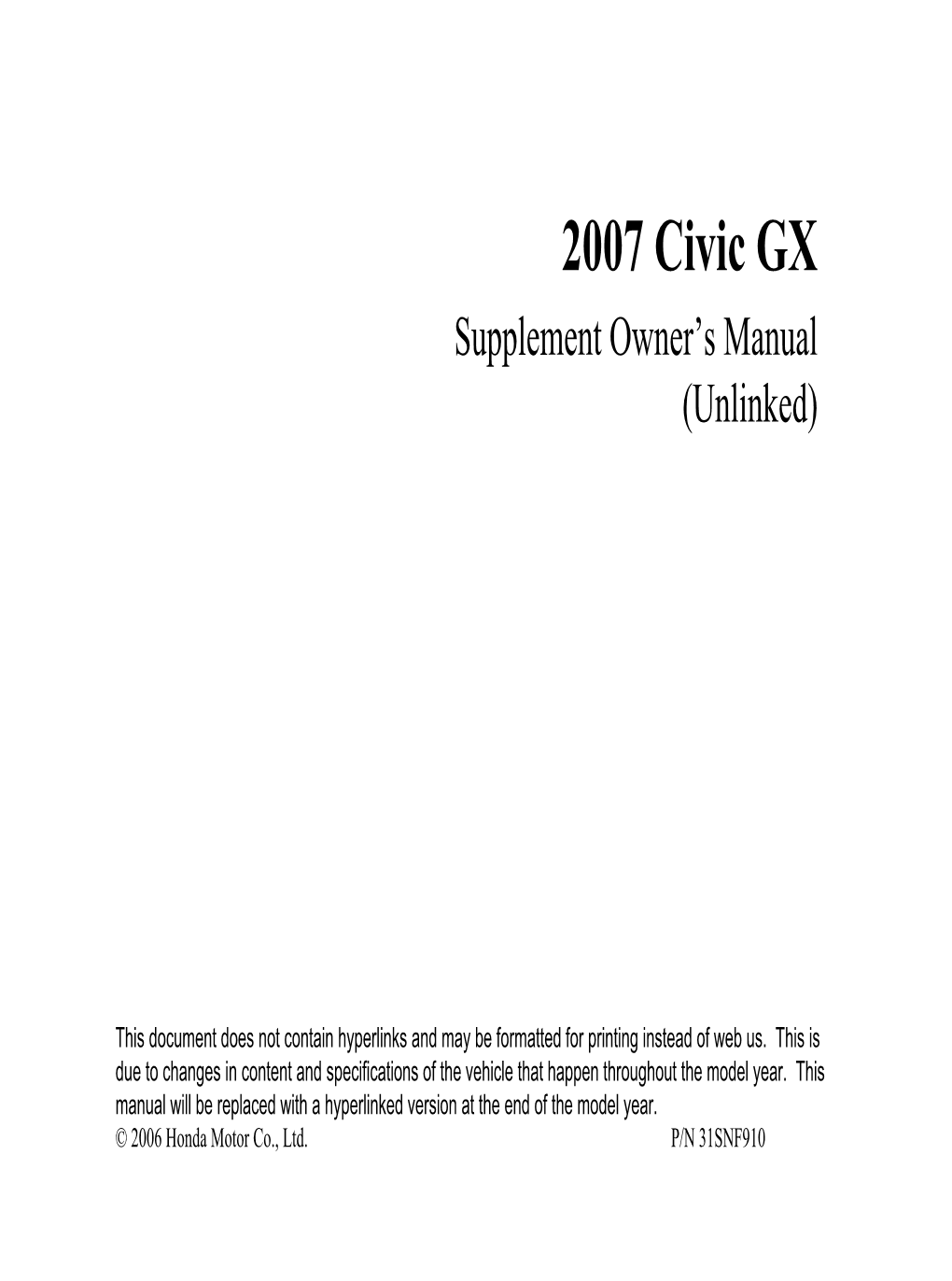 Honda 2007 Civic GX Owner's Manual Supplement