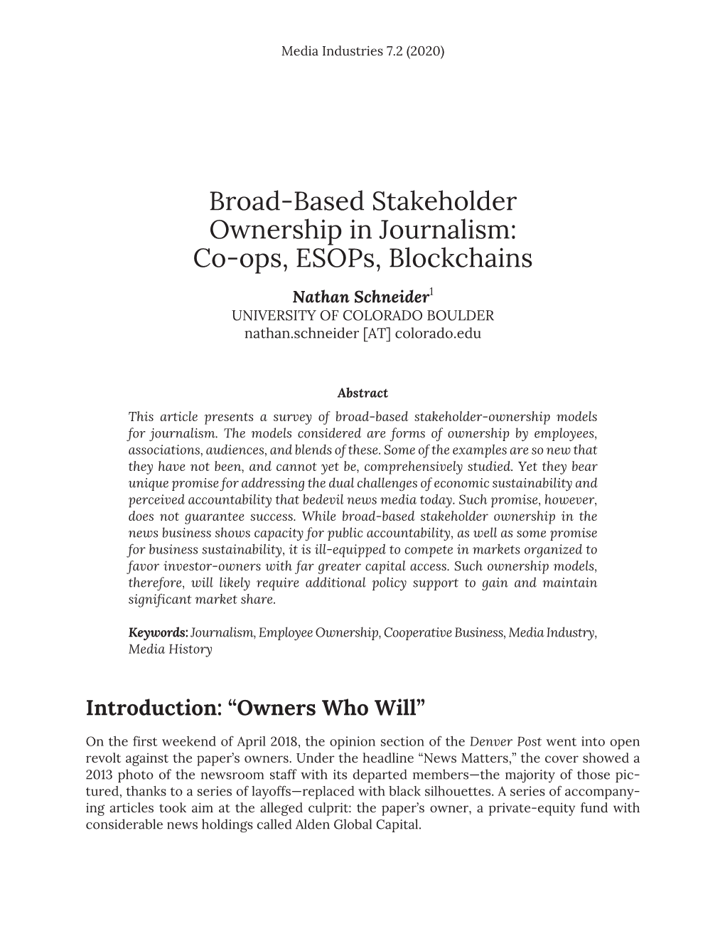 Broad-Based Stakeholder Ownership in Journalism: Co-Ops, Esops, Blockchains