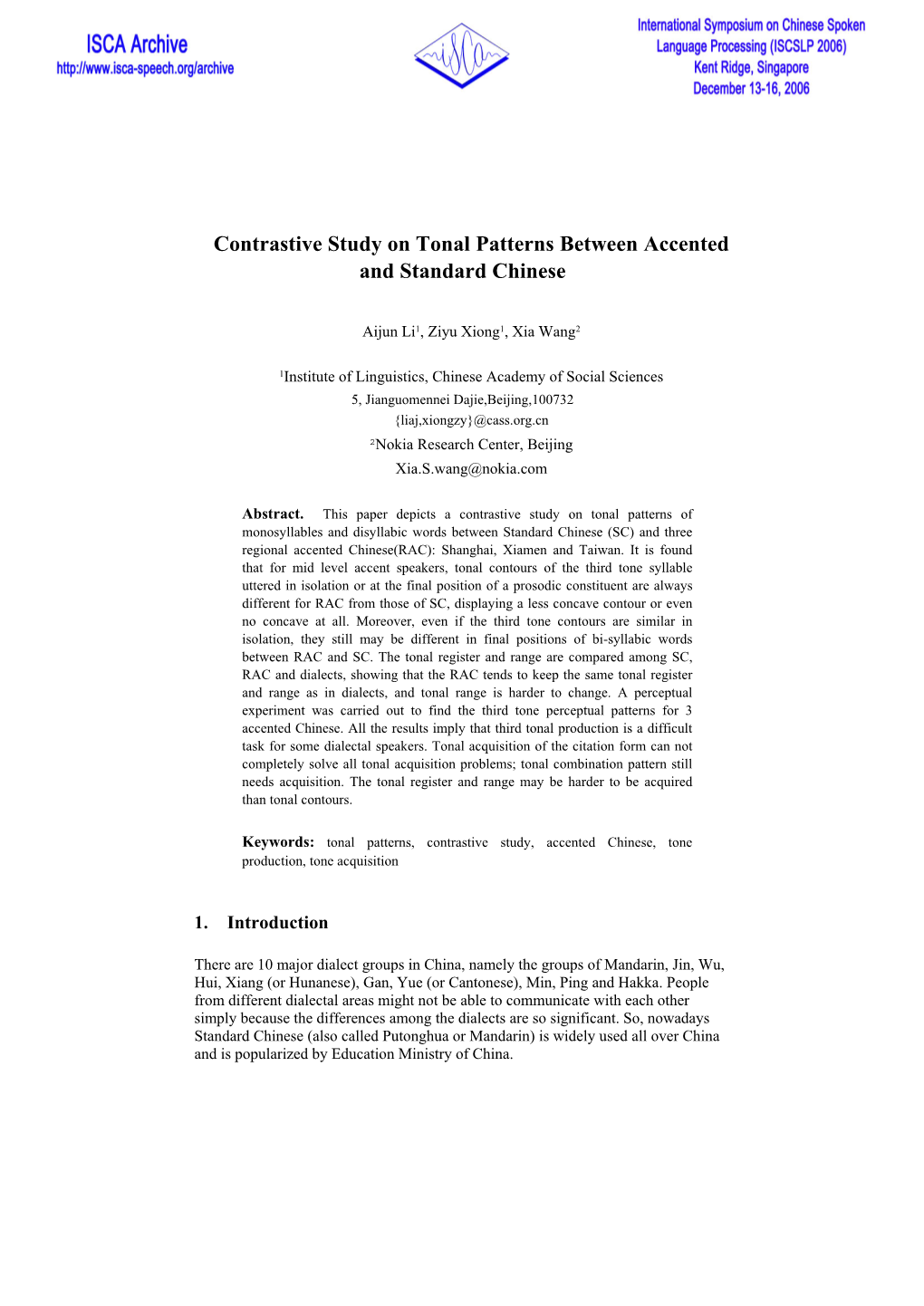 Contrastive Study on Tonal Patterns Between Accented and Standard Chinese