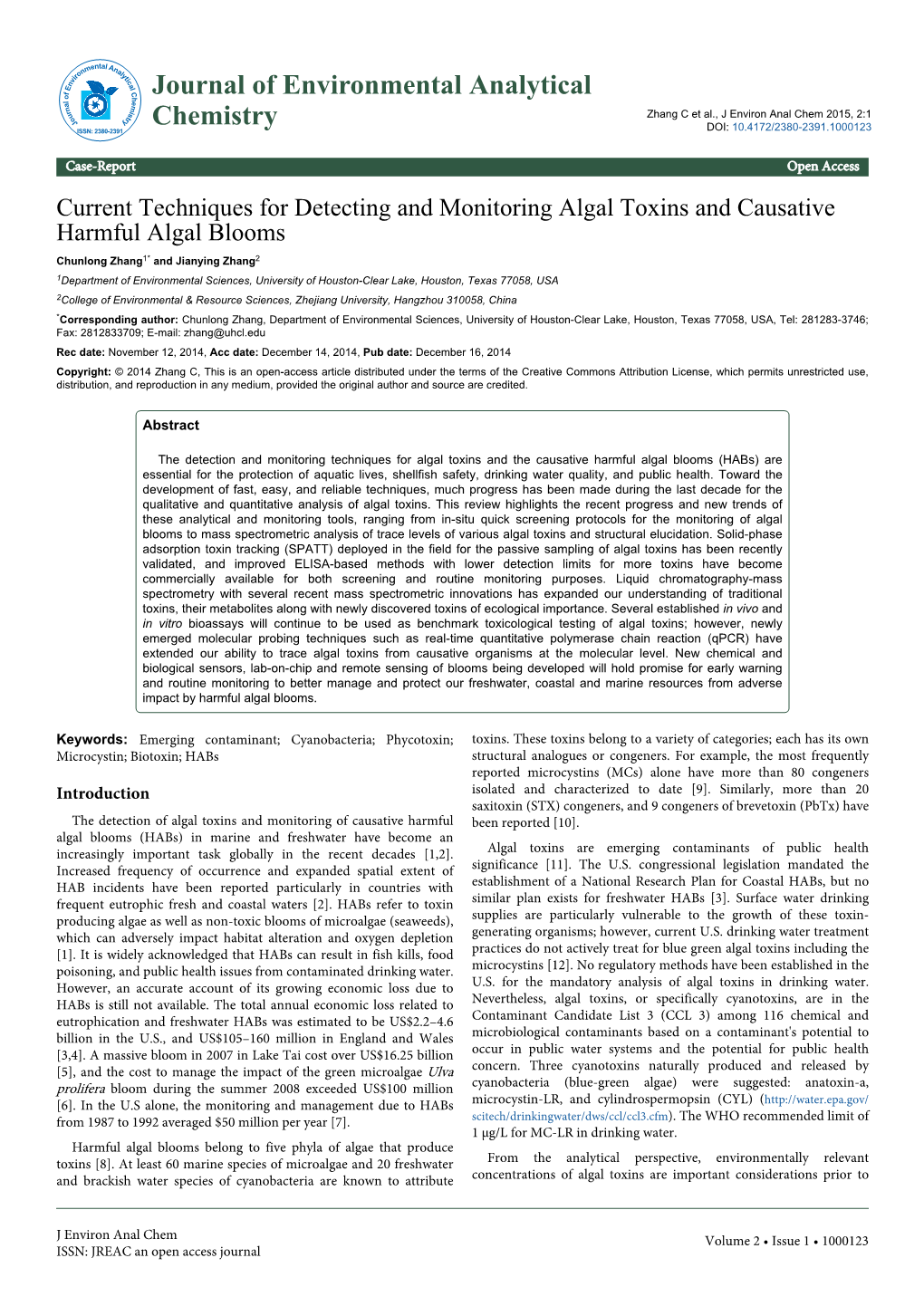 Current Techniques for Detecting and Monitoring Algal Toxins And