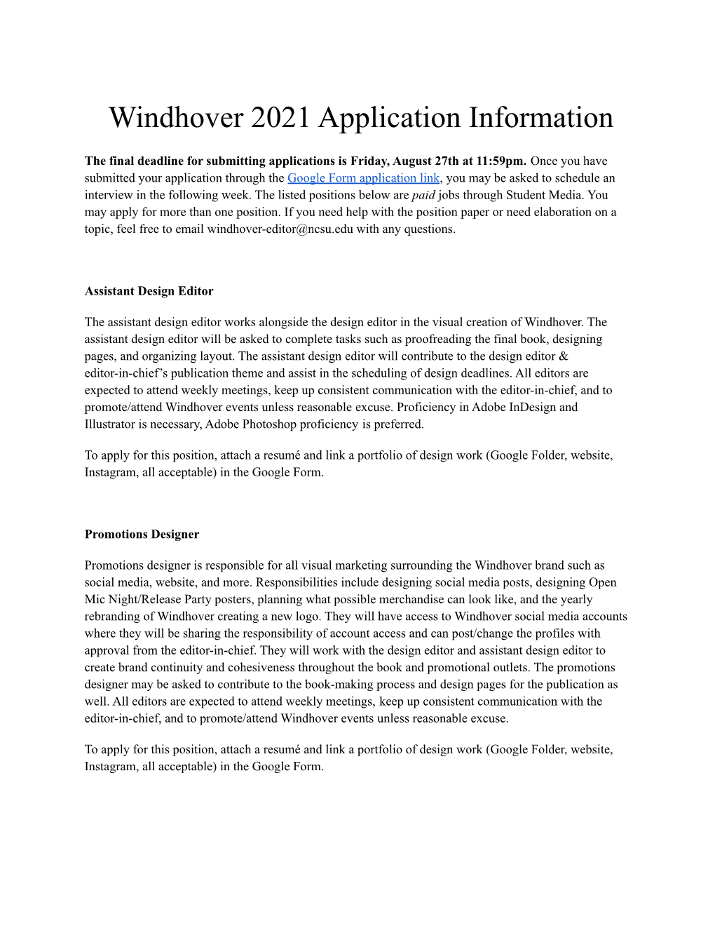 Windhover 2021 Applications