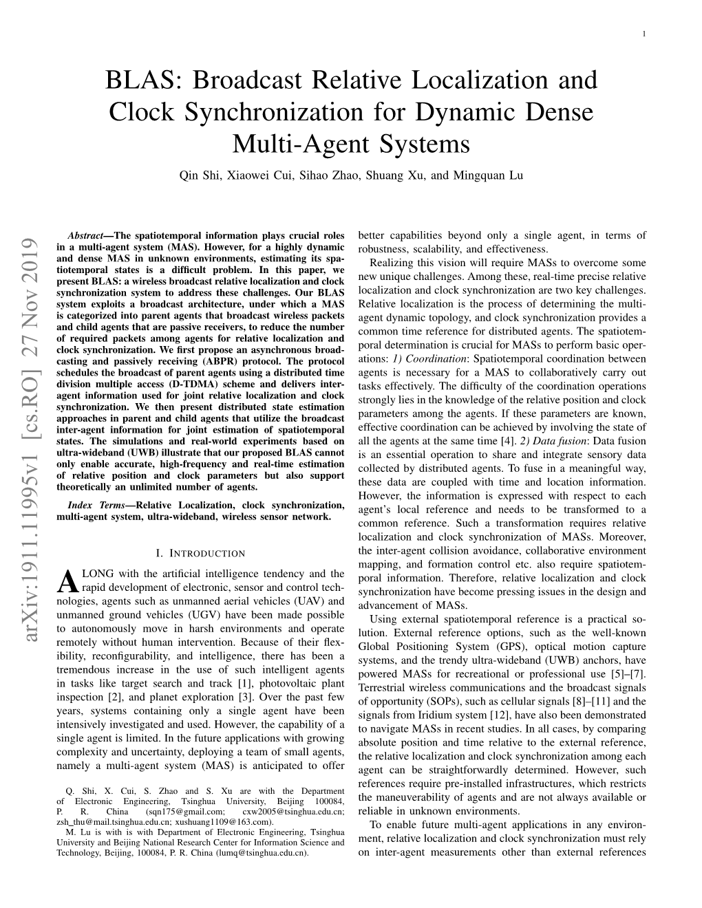 BLAS: Broadcast Relative Localization and Clock Synchronization for Dynamic Dense Multi-Agent Systems Qin Shi, Xiaowei Cui, Sihao Zhao, Shuang Xu, and Mingquan Lu