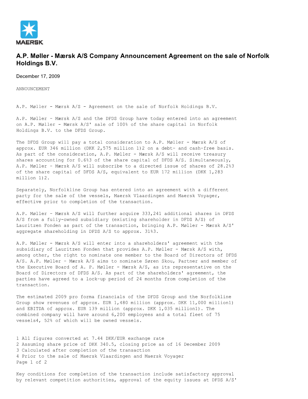 Mærsk A/S Company Announcement Agreement on the Sale of Norfolk Holdings B.V