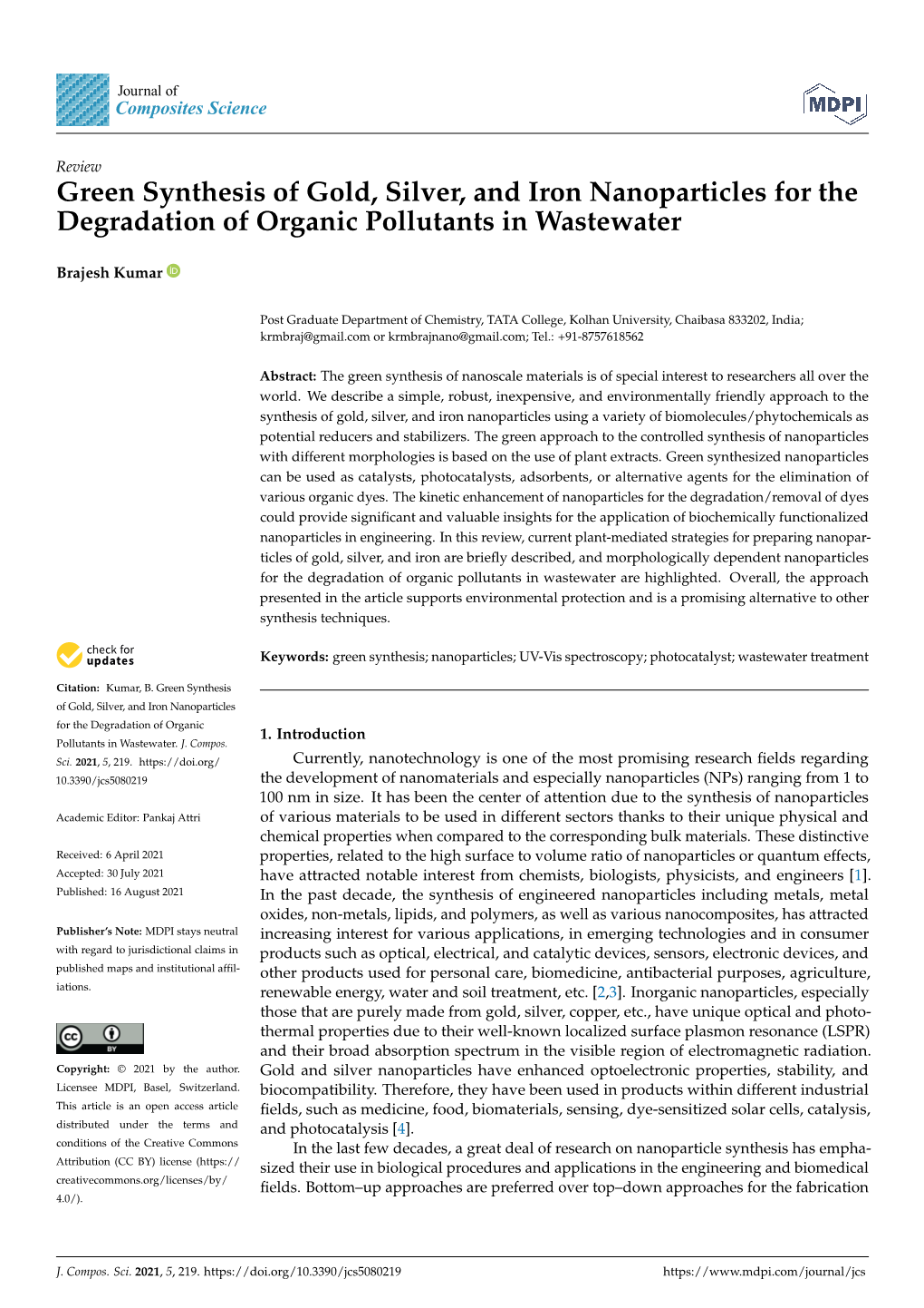 Green Synthesis of Gold, Silver, and Iron Nanoparticles for the Degradation of Organic Pollutants in Wastewater