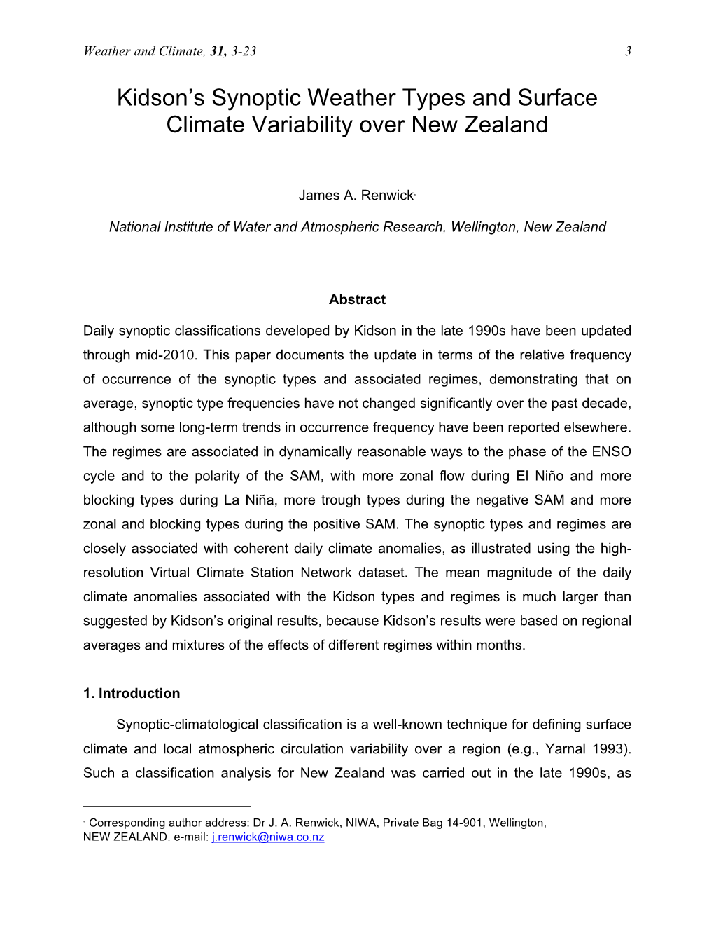 Kidson's Synoptic Weather Types and Surface Climate Variability Over