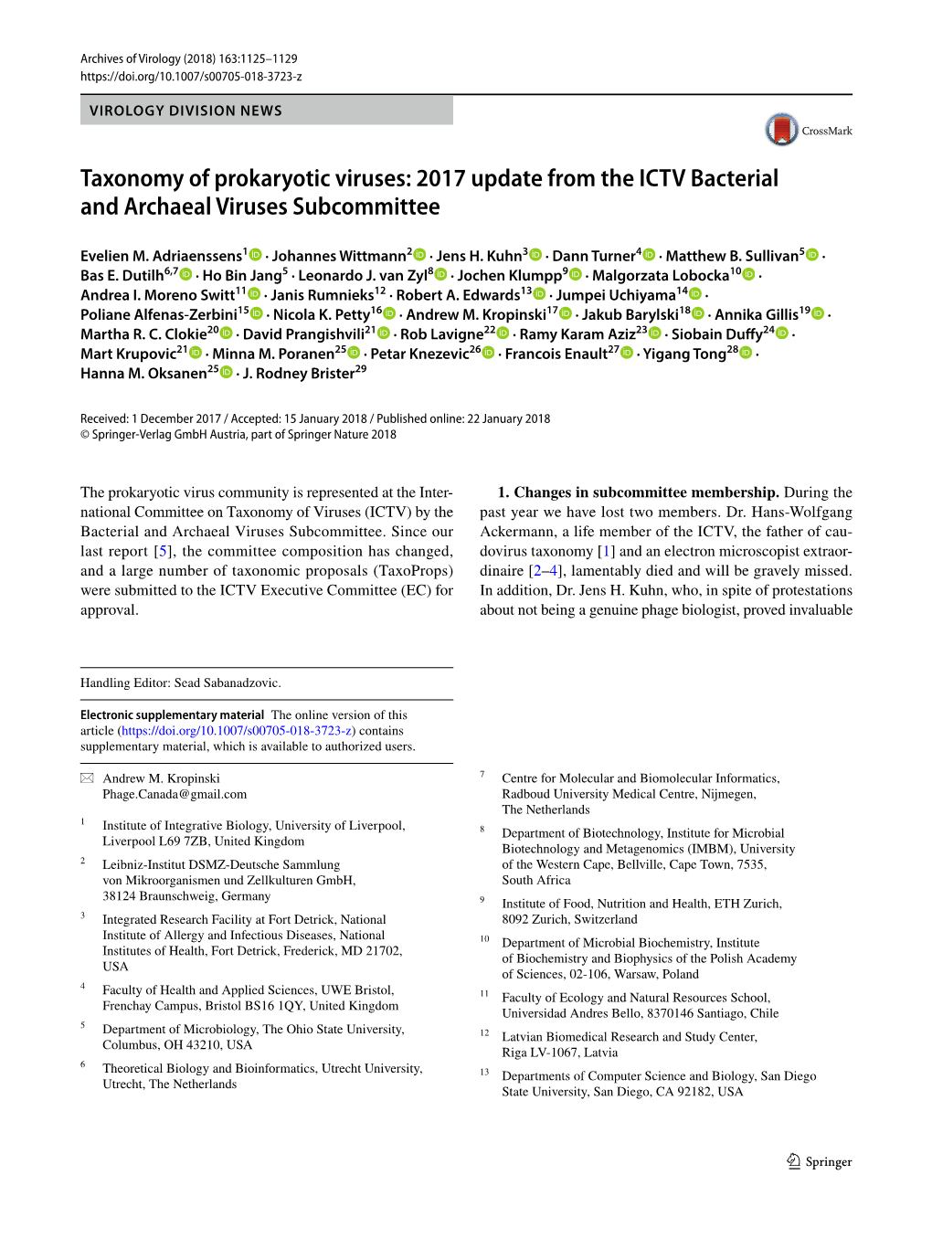 Taxonomy of Prokaryotic Viruses: 2017 Update from the ICTV Bacterial and Archaeal Viruses Subcommittee