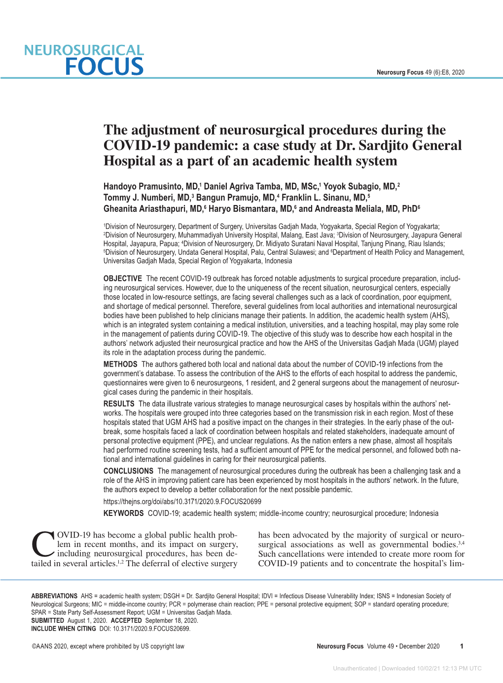 The Adjustment of Neurosurgical Procedures During the COVID-19 Pandemic: a Case Study at Dr