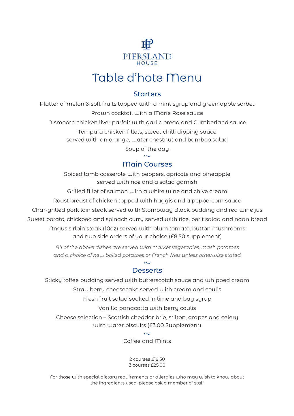 Table D'hote Menu