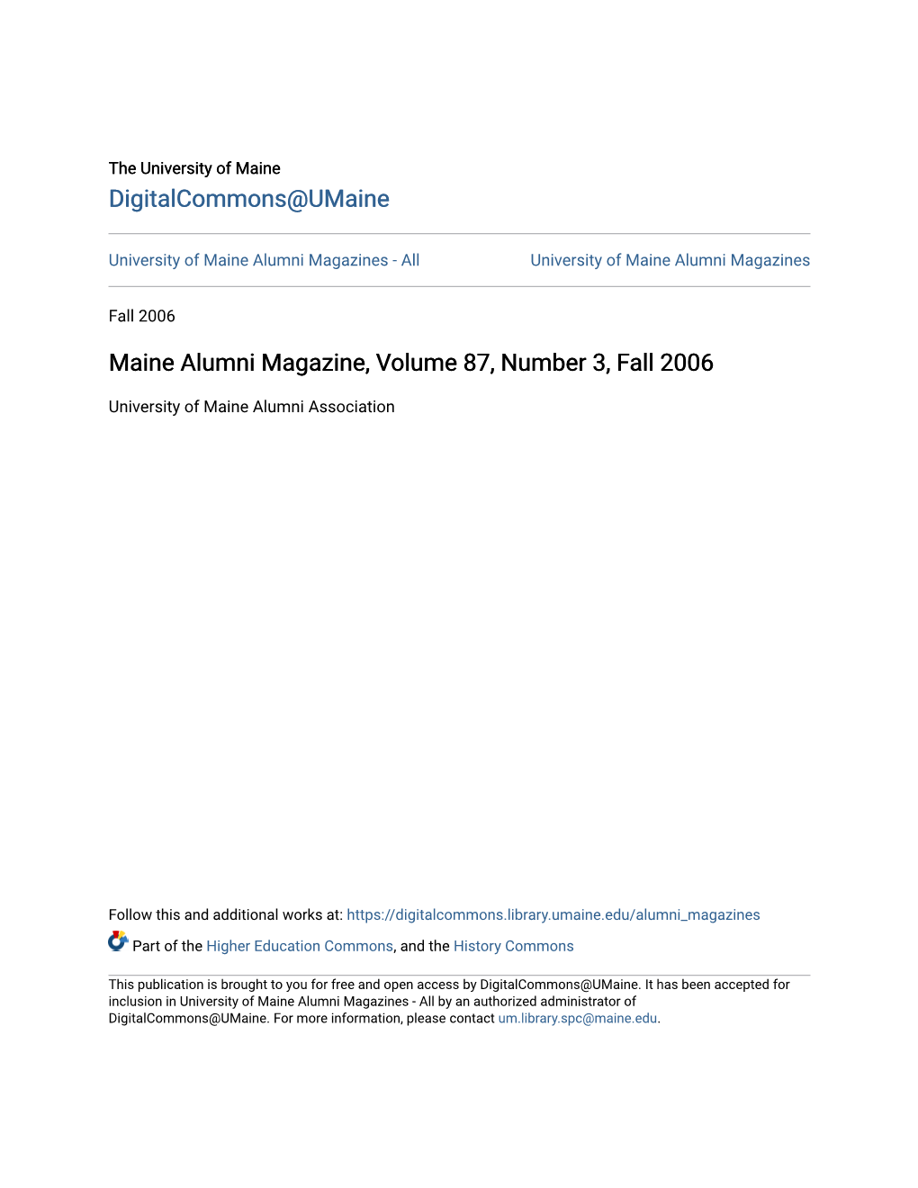 Maine Alumni Magazine, Volume 87, Number 3, Fall 2006