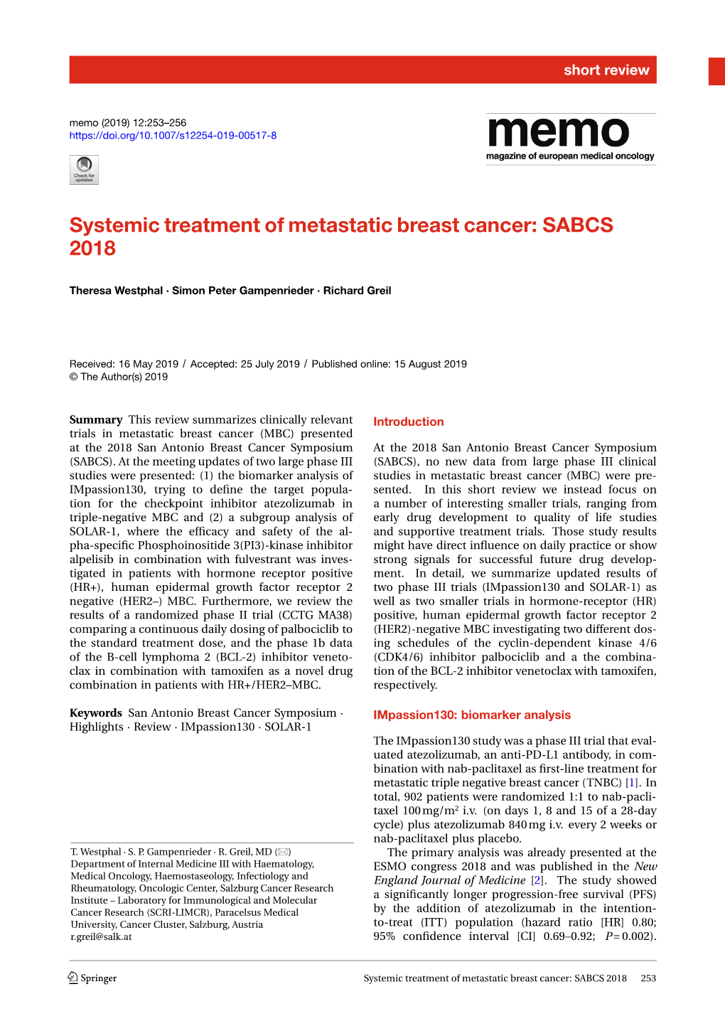 Systemic Treatment of Metastatic Breast Cancer: SABCS 2018