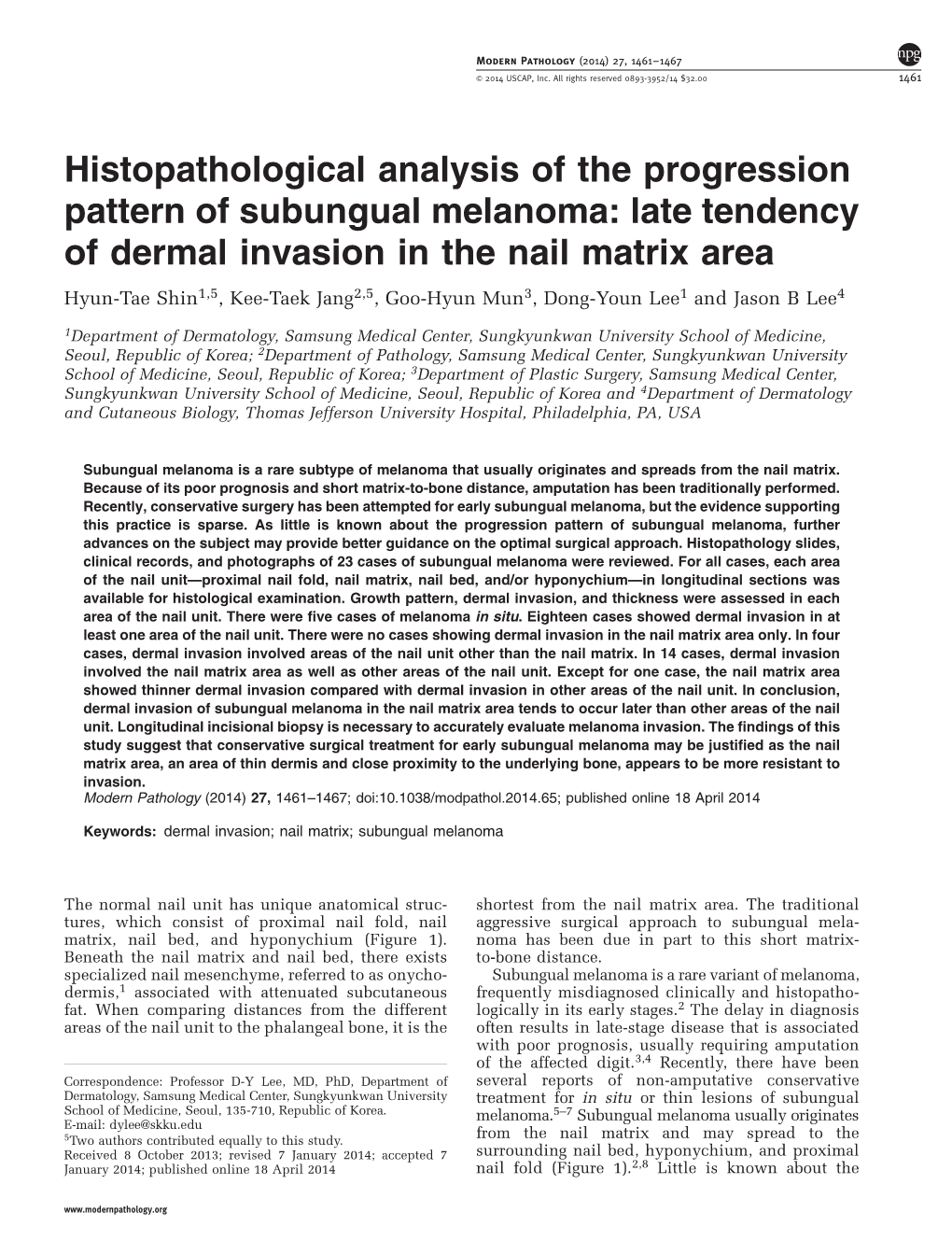 Histopathological Analysis of the Progression Pattern of Subungual