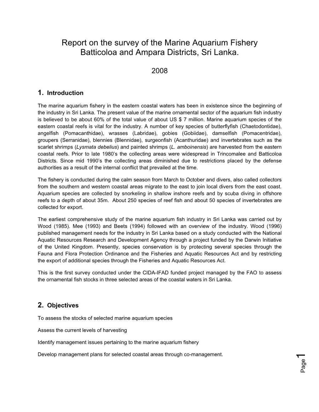 Report on the Survey of the Marine Aquarium Fishery Batticoloa and Ampara Districts, Sri Lanka